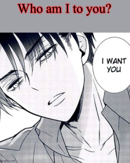 Horny Levi | Who am I to you? | image tagged in horny levi | made w/ Imgflip meme maker