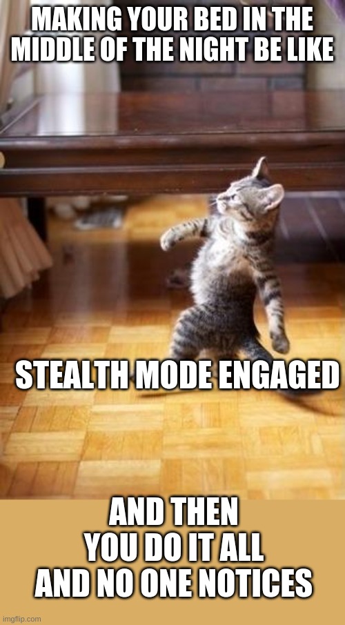 Cool Cat Stroll Meme | MAKING YOUR BED IN THE MIDDLE OF THE NIGHT BE LIKE; STEALTH MODE ENGAGED; AND THEN YOU DO IT ALL AND NO ONE NOTICES | image tagged in memes,cool cat stroll | made w/ Imgflip meme maker