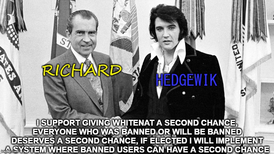 Second Chance Initiative | RICHARD; HEDGEWIK; I SUPPORT GIVING WHITENAT A SECOND CHANCE, EVERYONE WHO WAS BANNED OR WILL BE BANNED DESERVES A SECOND CHANCE, IF ELECTED I WILL IMPLEMENT A SYSTEM WHERE BANNED USERS CAN HAVE A SECOND CHANCE | image tagged in richard,4d chess bb | made w/ Imgflip meme maker