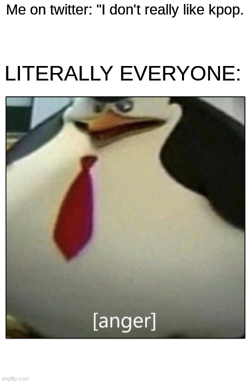 kowalski anger | LITERALLY EVERYONE:; Me on twitter: "I don't really like kpop. | image tagged in kowalski anger | made w/ Imgflip meme maker