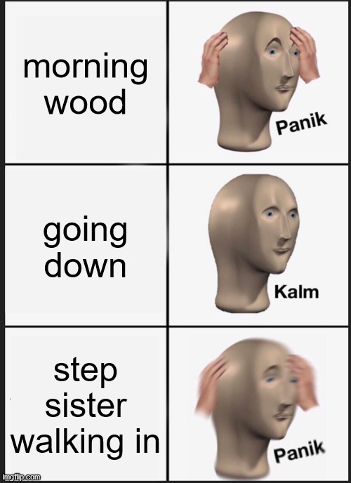 Panik Kalm Panik |  morning wood; going down; step sister walking in | image tagged in memes,panik kalm panik,funny | made w/ Imgflip meme maker