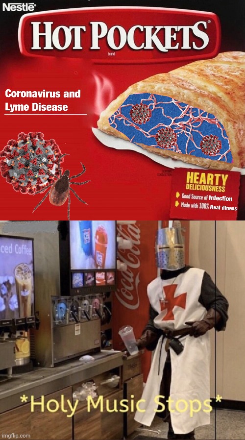 Hot pockets: Coronavirus and lyme disease | image tagged in holy music stops,hot pockets,funny,memes,meme,coronavirus | made w/ Imgflip meme maker