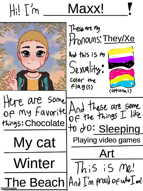 Me | Maxx! They/Xe; Chocolate; Sleeping; My cat; Playing video games; Art; Winter; The Beach | image tagged in lgbtq stream account profile | made w/ Imgflip meme maker