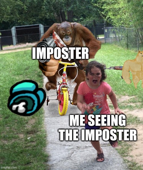Orangutan chasing girl on a tricycle | IMPOSTER; ME SEEING THE IMPOSTER | image tagged in orangutan chasing girl on a tricycle | made w/ Imgflip meme maker