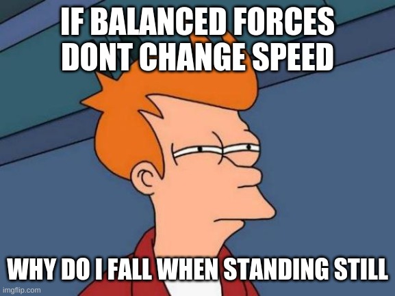 Futurama Fry Meme | IF BALANCED FORCES DONT CHANGE SPEED; WHY DO I FALL WHEN STANDING STILL | image tagged in memes,futurama fry | made w/ Imgflip meme maker