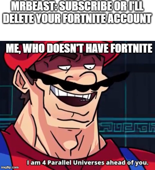 Haha no fortnite | MRBEAST: SUBSCRIBE OR I'LL DELETE YOUR FORTNITE ACCOUNT; ME, WHO DOESN'T HAVE FORTNITE | image tagged in blank white template,i am 4 parallel universes ahead of you,stick | made w/ Imgflip meme maker