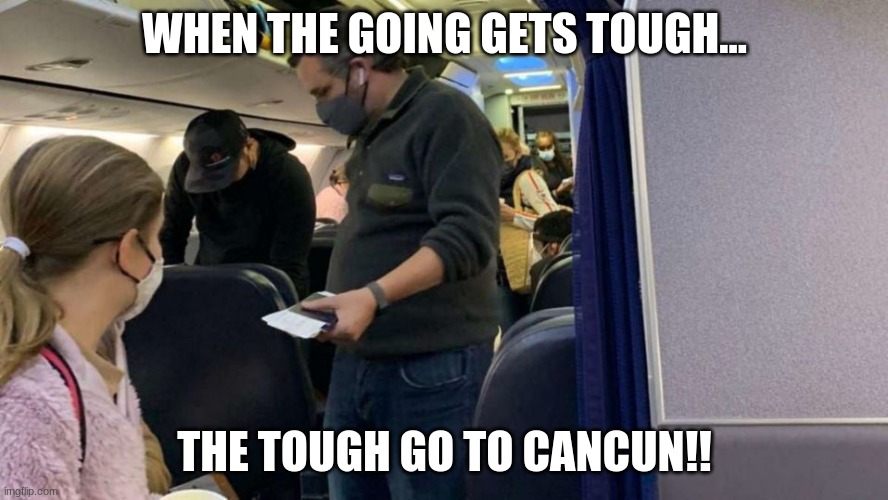 WHEN THE GOING GETS TOUGH... THE TOUGH GO TO CANCUN!! | image tagged in ted cruz | made w/ Imgflip meme maker