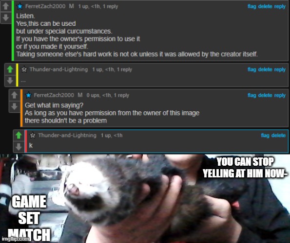 YOU CAN STOP YELLING AT HIM NOW-; GAME
SET
MATCH | image tagged in long upside down ferret | made w/ Imgflip meme maker