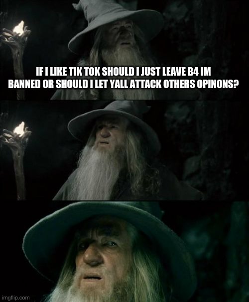 Confused Gandalf Meme | IF I LIKE TIK TOK SHOULD I JUST LEAVE B4 IM BANNED OR SHOULD I LET YALL ATTACK OTHERS OPINONS? | image tagged in memes,confused gandalf | made w/ Imgflip meme maker