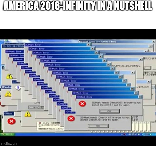 America Errors... A lot | AMERICA 2016-INFINITY IN A NUTSHELL | image tagged in windows errors | made w/ Imgflip meme maker