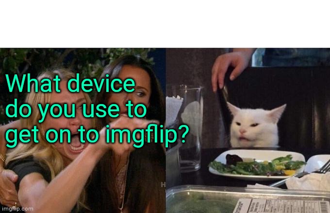 Woman Yelling At Cat Meme | What device do you use to get on to imgflip? | image tagged in memes,woman yelling at cat | made w/ Imgflip meme maker