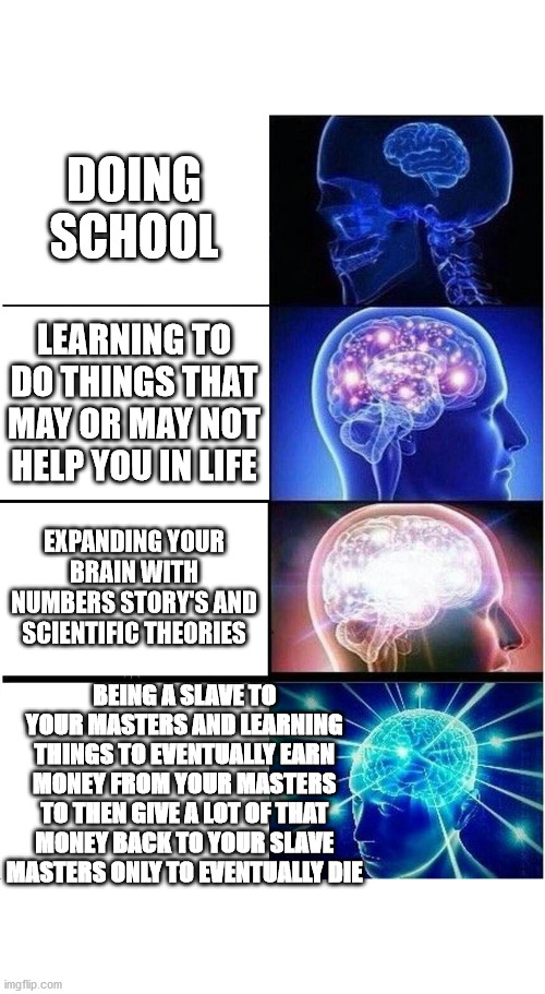 the expanding idea of school | DOING SCHOOL; LEARNING TO DO THINGS THAT MAY OR MAY NOT HELP YOU IN LIFE; EXPANDING YOUR BRAIN WITH NUMBERS STORY'S AND SCIENTIFIC THEORIES; BEING A SLAVE TO YOUR MASTERS AND LEARNING THINGS TO EVENTUALLY EARN MONEY FROM YOUR MASTERS TO THEN GIVE A LOT OF THAT MONEY BACK TO YOUR SLAVE MASTERS ONLY TO EVENTUALLY DIE | image tagged in memes,expanding brain | made w/ Imgflip meme maker