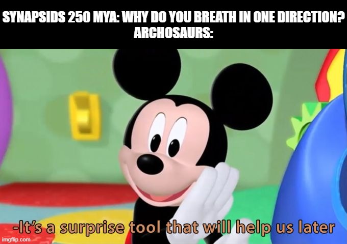 Mickey mouse tool | SYNAPSIDS 250 MYA: WHY DO YOU BREATH IN ONE DIRECTION?
ARCHOSAURS: | image tagged in mickey mouse tool,palaeontology memes,memes,funny memes,Paleontology | made w/ Imgflip meme maker