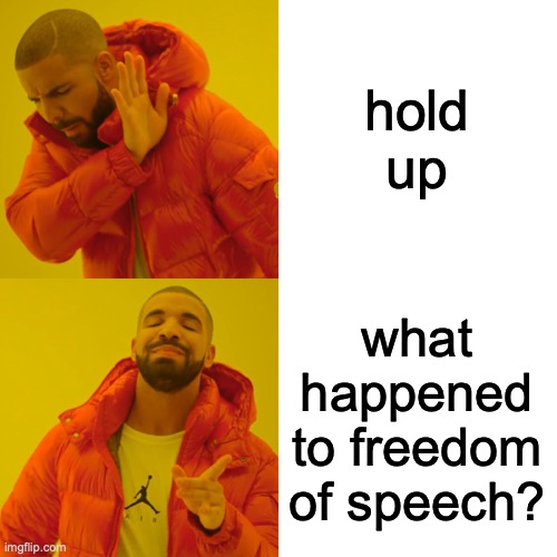Drake Hotline Bling Meme | hold up what happened to freedom of speech? | image tagged in memes,drake hotline bling | made w/ Imgflip meme maker