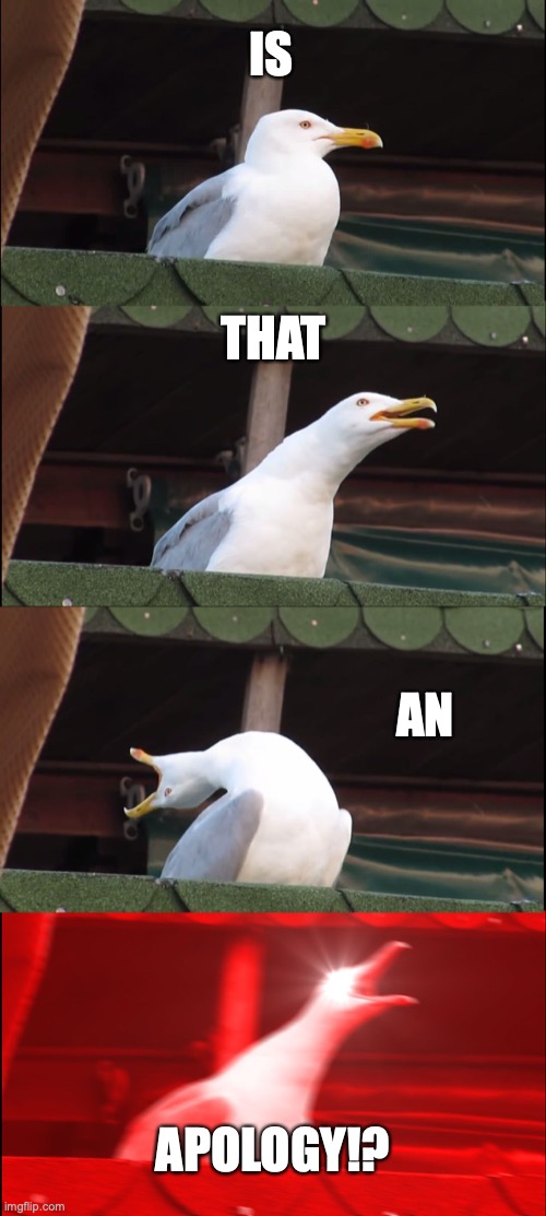 Inhaling Seagull Meme | IS THAT AN APOLOGY!? | image tagged in memes,inhaling seagull | made w/ Imgflip meme maker
