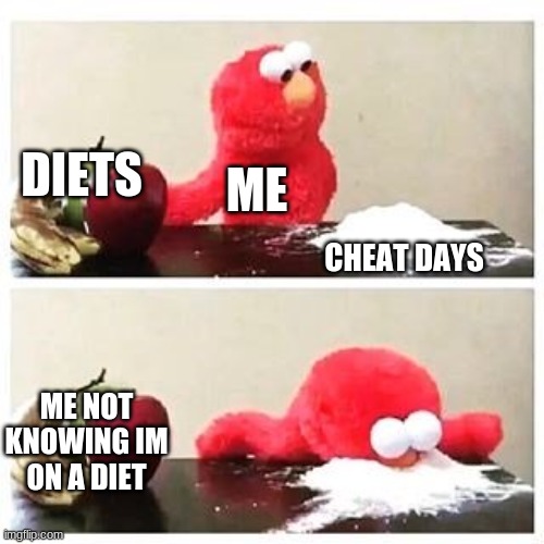 elmo cocaine | DIETS; ME; CHEAT DAYS; ME NOT KNOWING IM ON A DIET | image tagged in elmo cocaine | made w/ Imgflip meme maker
