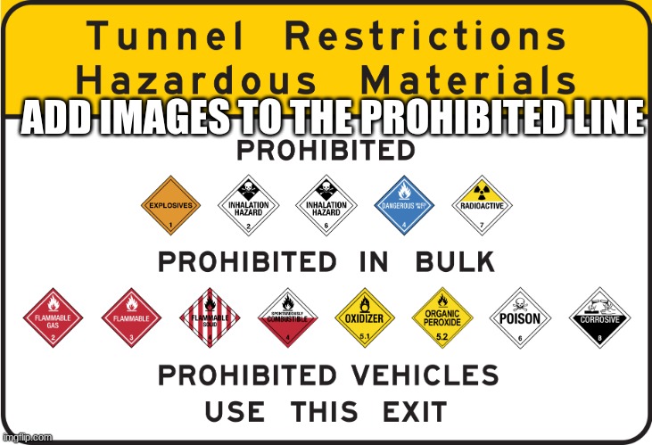 Prohibited Materials | ADD IMAGES TO THE PROHIBITED LINE | image tagged in pennsylvania turnpike restricted materials | made w/ Imgflip meme maker