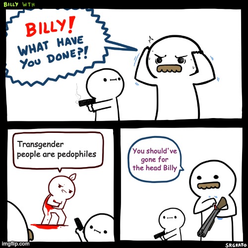 Billy, What Have You Done | Transgender people are pedophiles; You should've gone for the head Billy | image tagged in billy what have you done | made w/ Imgflip meme maker