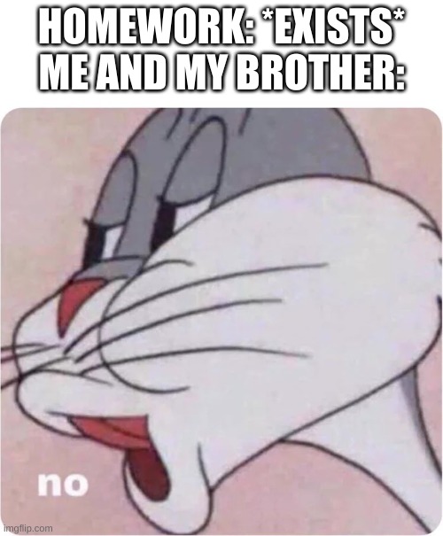 Bugs Bunny No |  HOMEWORK: *EXISTS*
ME AND MY BROTHER: | image tagged in bugs bunny no | made w/ Imgflip meme maker