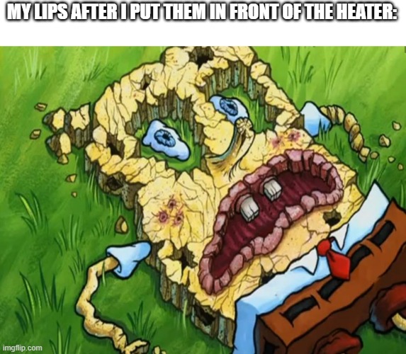 Spongebob Dry | MY LIPS AFTER I PUT THEM IN FRONT OF THE HEATER: | image tagged in spongebob dry | made w/ Imgflip meme maker