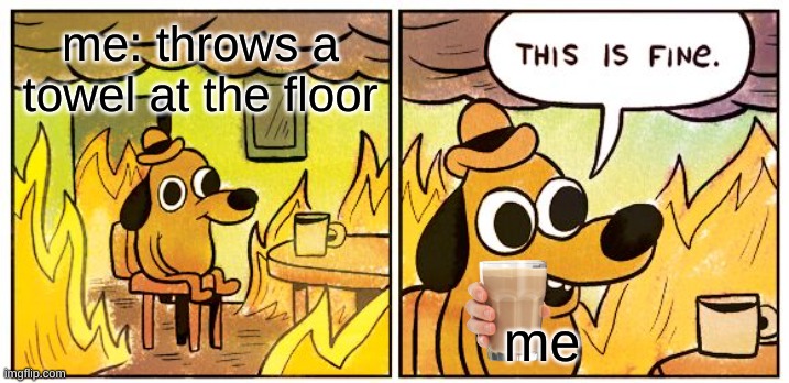 This Is Fine | me: throws a towel at the floor; me | image tagged in memes,this is fine | made w/ Imgflip meme maker