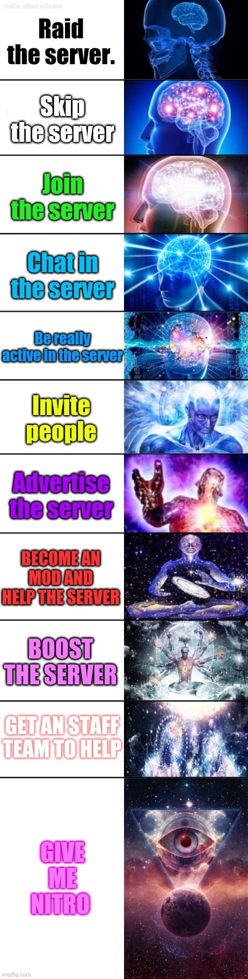 Discord server invite meme | Raid the server. Skip the server; Join the server; Chat in the server; Be really active in the server; Invite people; Advertise the server; BECOME AN MOD AND HELP THE SERVER; BOOST THE SERVER; GET AN STAFF TEAM TO HELP; GIVE ME NITRO | image tagged in discord | made w/ Imgflip meme maker