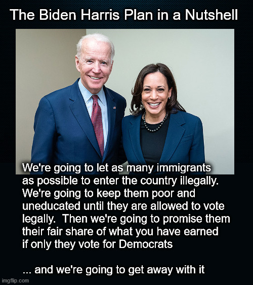 the Biden Harris Immigration goal | The Biden Harris Plan in a Nutshell; We're going to let as many immigrants
as possible to enter the country illegally.
We're going to keep them poor and 
uneducated until they are allowed to vote
legally.  Then we're going to promise them
their fair share of what you have earned
if only they vote for Democrats
 
... and we're going to get away with it | image tagged in politics | made w/ Imgflip meme maker