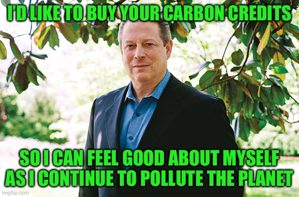 Al Gore Statue | I’D LIKE TO BUY YOUR CARBON CREDITS SO I CAN FEEL GOOD ABOUT MYSELF AS I CONTINUE TO POLLUTE THE PLANET | image tagged in al gore statue | made w/ Imgflip meme maker