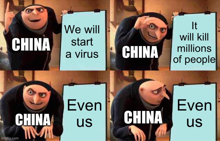 Gru's Plan | We will start a virus; It will kill millions of people; CHINA; CHINA; Even us; Even us; CHINA; CHINA | image tagged in memes,gru's plan | made w/ Imgflip meme maker