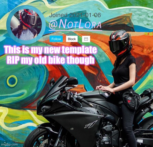 Thank you from a little help from someone | This is my new template RIP my old bike though | image tagged in notlora temp | made w/ Imgflip meme maker