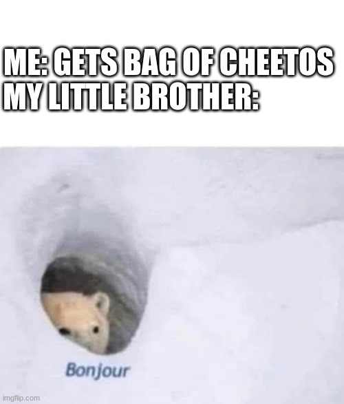 Bonjour | ME: GETS BAG OF CHEETOS

MY LITTLE BROTHER: | image tagged in bonjour | made w/ Imgflip meme maker