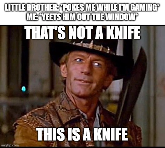 That's not a knife | LITTLE BROTHER: *POKES ME WHILE I'M GAMING*
ME: *YEETS HIM OUT THE WINDOW*; THAT'S NOT A KNIFE; THIS IS A KNIFE | image tagged in that's not a knife | made w/ Imgflip meme maker
