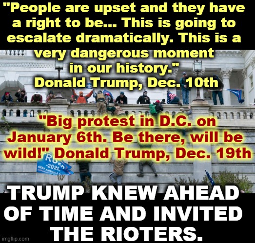 Trump's tweets are aimed at Trumptards and no one else. This is what incitement looks like. | "People are upset and they have 

a right to be... This is going to 
escalate dramatically. This is a 
very dangerous moment 
in our history." 
Donald Trump, Dec. 10th; "Big protest in D.C. on January 6th. Be there, will be 
wild!" Donald Trump, Dec. 19th; TRUMP KNEW AHEAD 
OF TIME AND INVITED 
THE RIOTERS. | image tagged in capitol riot by invitation of trump,trump,invited,rioters,tweets,show | made w/ Imgflip meme maker