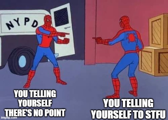 stfu spiderman | YOU TELLING YOURSELF THERE'S NO POINT; YOU TELLING YOURSELF TO STFU | image tagged in spiderman mirror | made w/ Imgflip meme maker