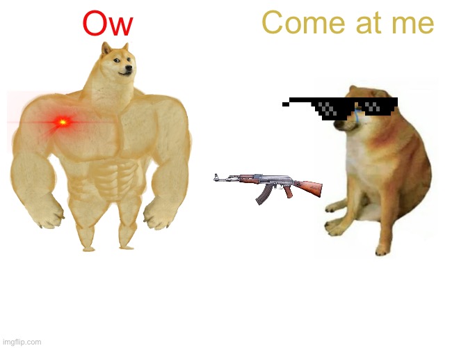 Come at me | Ow; Come at me | image tagged in memes,buff doge vs cheems | made w/ Imgflip meme maker