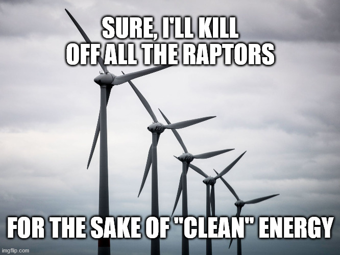 wind Turbines | SURE, I'LL KILL OFF ALL THE RAPTORS; FOR THE SAKE OF "CLEAN" ENERGY | image tagged in wind turbines | made w/ Imgflip meme maker