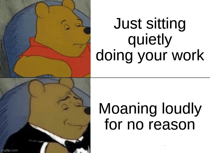 idk why i posted this | Just sitting quietly doing your work; Moaning loudly for no reason | image tagged in memes,tuxedo winnie the pooh | made w/ Imgflip meme maker