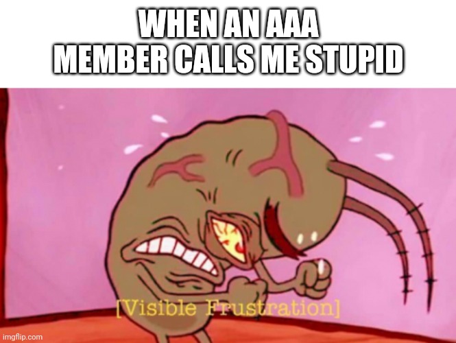 I'm starting to get mad | WHEN AN AAA MEMBER CALLS ME STUPID | image tagged in cringin plankton / visible frustation | made w/ Imgflip meme maker