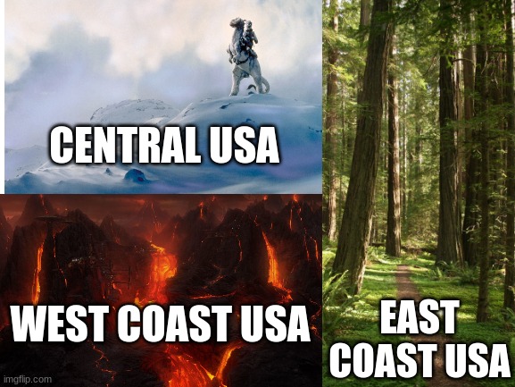 The USA in 2020 | CENTRAL USA; WEST COAST USA; EAST COAST USA | image tagged in star wars | made w/ Imgflip meme maker
