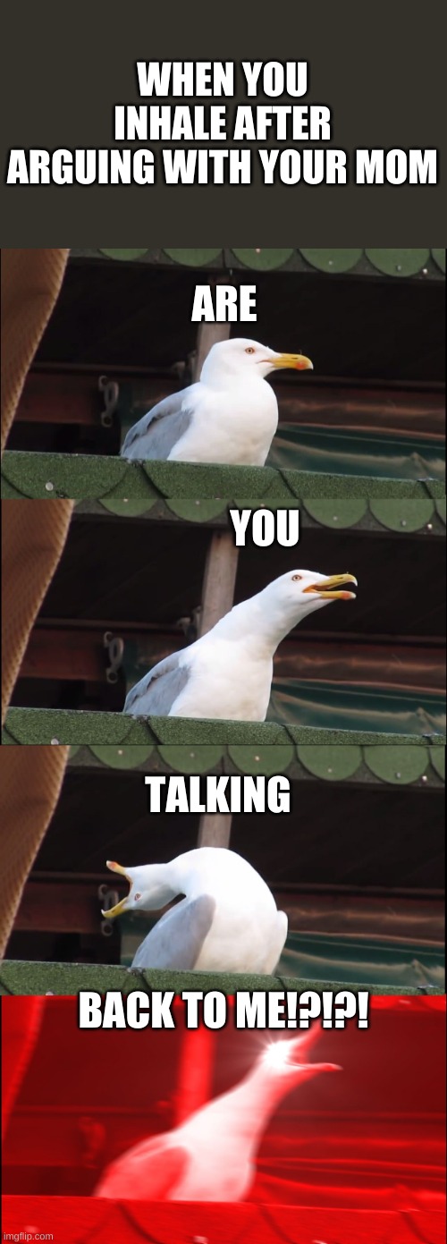Inhaling Seagull | WHEN YOU INHALE AFTER ARGUING WITH YOUR MOM; ARE; YOU; TALKING; BACK TO ME!?!?! | image tagged in memes,inhaling seagull | made w/ Imgflip meme maker