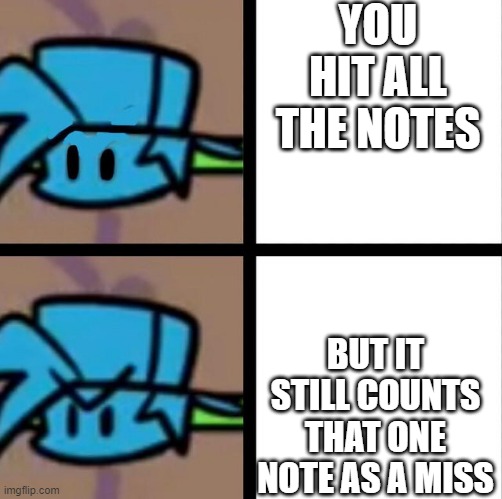 can anybody relate? | YOU HIT ALL THE NOTES; BUT IT STILL COUNTS THAT ONE NOTE AS A MISS | image tagged in fnf | made w/ Imgflip meme maker