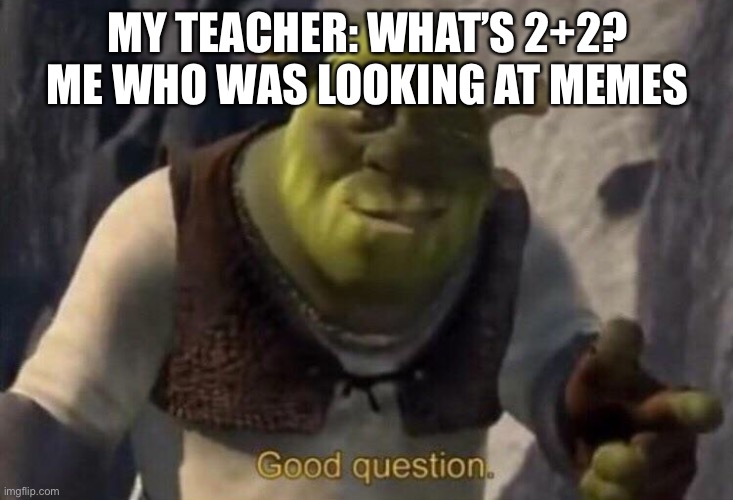 Ummmmm | MY TEACHER: WHAT’S 2+2?
ME WHO WAS LOOKING AT MEMES | image tagged in shrek good question | made w/ Imgflip meme maker