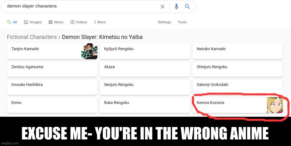 EXCUSE ME- YOU'RE IN THE WRONG ANIME | image tagged in anime,haikyuu,demon slayer,kenma | made w/ Imgflip meme maker