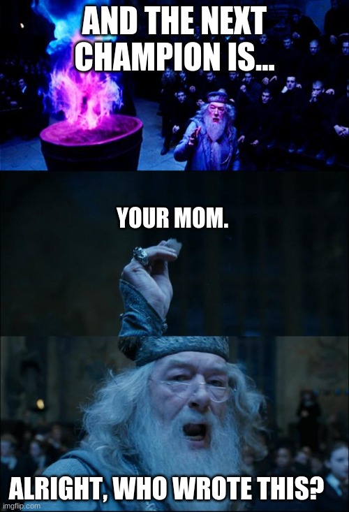 Goblet of Fire | AND THE NEXT CHAMPION IS... YOUR MOM. ALRIGHT, WHO WROTE THIS? | image tagged in goblet of fire | made w/ Imgflip meme maker