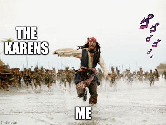 the karens | THE KARENS; ME | image tagged in memes,jack sparrow being chased | made w/ Imgflip meme maker