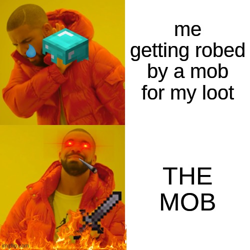 Drake Hotline Bling Meme | me getting robed by a mob for my loot; THE MOB | image tagged in memes,drake hotline bling | made w/ Imgflip meme maker