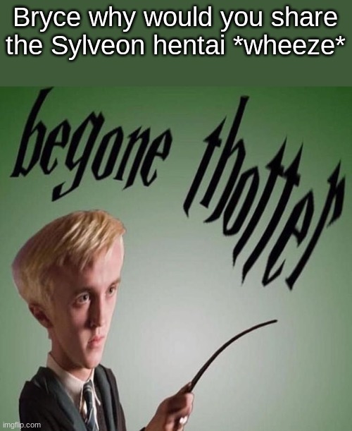 begone thotter | Bryce why would you share the Sylveon hentai *wheeze* | image tagged in begone thotter | made w/ Imgflip meme maker