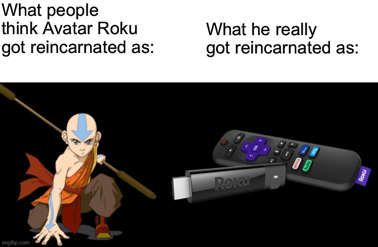 What people think Avatar Roku got reincarnated as:; What he really got reincarnated as: | image tagged in memes,avatar the last airbender | made w/ Imgflip meme maker
