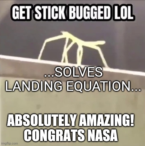 Get stick bugged lol | ...SOLVES LANDING EQUATION... ABSOLUTELY AMAZING!
CONGRATS NASA | image tagged in get stick bugged lol | made w/ Imgflip meme maker