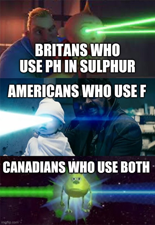 Canadians be like | BRITANS WHO USE PH IN SULPHUR; AMERICANS WHO USE F; CANADIANS WHO USE BOTH | image tagged in laser eyes baby | made w/ Imgflip meme maker